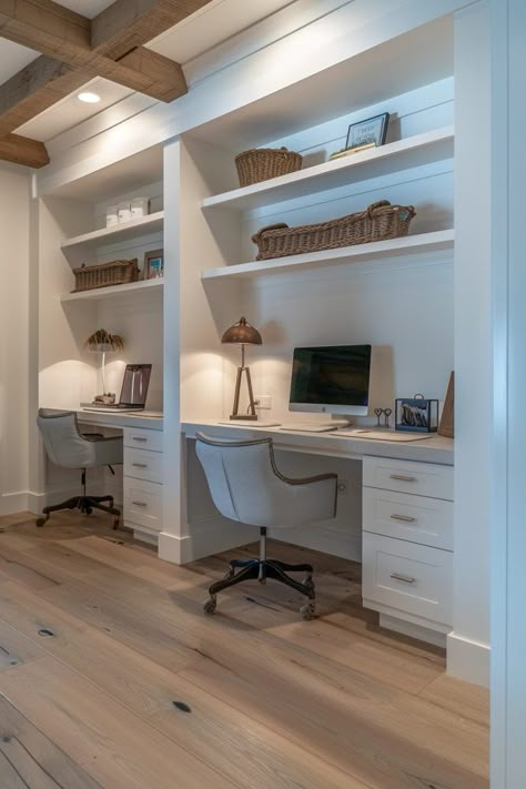 Built Ins With 2 Desks, Built In Desk On Angled Wall, Built In Office For Two, Two Desks One Office, Double Work From Home Office, Office Built Ins Two Desks, Office Ideas Home 2 Desks, Study Room For 2 People, Dual Office Desk