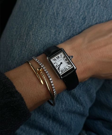 Diamond Bracelet Stack, Cartier Tank Watch, Cartier Juste Un Clou, Rectangle Watch, Push Gifts, Tank Watch, Wrist Stacks, 2024 Style, Cartier Tank