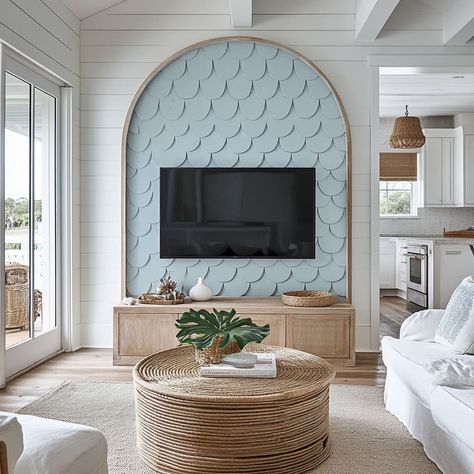 Beach Accent Wall Ideas, Beachy Accent Wall, Coastal Tv Wall, Different Living Room Styles, Tv Accent Wall, Coastal Fireplace, Fireplace Feature Wall, Tv Area, Accent Wall Ideas