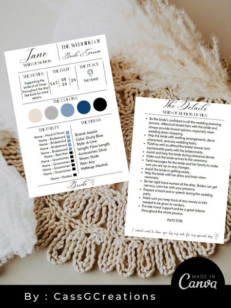 Bridal Party List Template, Bridesmaid Information Sheet, Bridal Party Info Card, Bridesmaids Info Cards, Attire Guide Bridesmaid Card Design, Bridesmaid Info Card Template, Bridal Fair, Custom Bridal, Wedding Dress Shopping