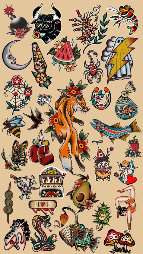 traditional tattoo flash sheet Traditional Tattoo Flash Sheet, Tattoo Flash Sheets, Traditional Tattoo Woman, Traditional Tattoo Flash Sheets, Traditional Tattoo Drawings, Traditional Tattoo Flash Art, Traditional Tattoo Inspiration, American Traditional Tattoo Ideas, Traditional Tattoo Ideas