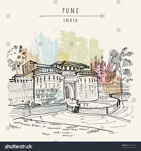 Pune (Puna, Poona), Maharashtra, India. Shaniwar Wada fort, historical place, built in 1732. Travel sketch art. Vintage hand drawn postcard in vectorWada#Shaniwar#fort#place Shaniwar Wada, Vietnamese Culture, Hue Vietnam, Venice Painting, Abstract Pencil Drawings, Travel Journal Scrapbook, Bike Drawing, Indian Illustration, City Sketch