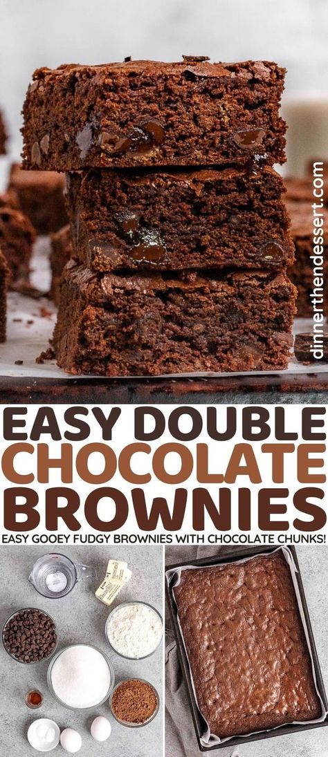 Double Chocolate Brownies are the ultimate gooey, chewy brownie recipe with melty chocolate chunks throughout for an extra chocolatey taste. Cake Cookies Christmas, Chewy Brownie Recipe, Chewy Brownies Recipe, Pot Roast Beef, Cake Mix Brownies, Miniature Desserts, Chicken Sloppy Joes, Brownie Mix Recipes, Chocolate Chunk Brownies