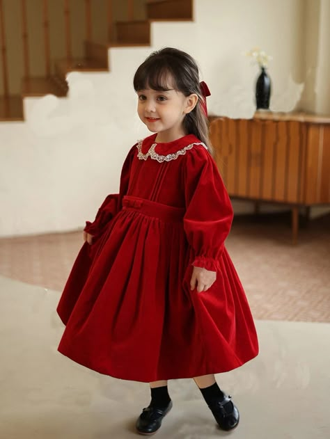 Discover great products at the best prices at Dealmoon. Toddler Girls Contrast Lace Flounce Sleeve Bow Front Velvet Dress. Christmas Dress Girl, Christmas Dress Toddler, Toddler Christmas Dress, Christmas Dress Baby, Red Christmas Dress, Girl Red Dress, Kids Dress Patterns, Fashion Drawing Dresses, Girls Christmas Dresses