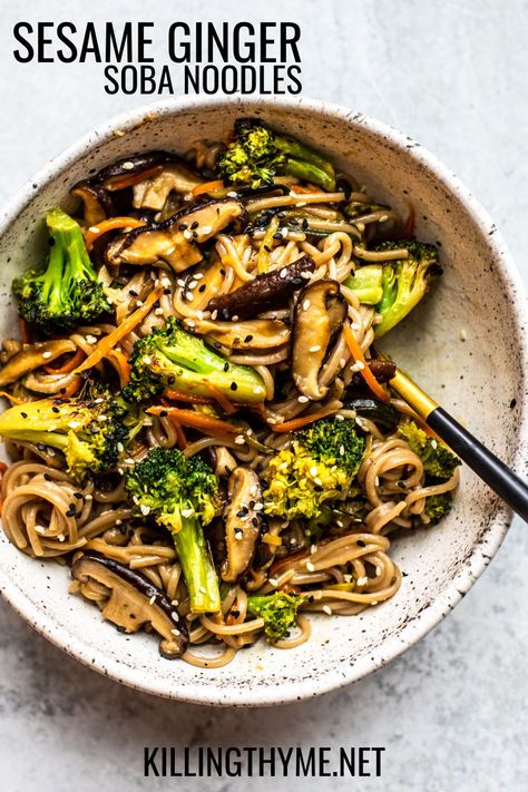 Sesame Ginger Soba Noodle Recipe #soba #sobanoodles #noodles #30minutemeal #weeknightmeal #meatlessmonday Healthy Soba Noodles, Soba Noodle Recipes, Soba Noodle Recipe, Soba Recipe, Soba Noodle Bowl, Soba Noodles Recipe, Noodle Salad Cold, Soba Noodles Salad, Dump Recipes