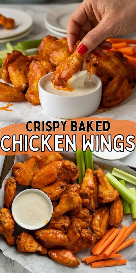 Buffalo Wings Sauce Recipe, Wings Recipe Oven, Buffalo Wings Recipe Baked, Crispy Oven Baked Chicken Wings, Appetizer Chicken, Baked Hot Wings, Oven Baked Chicken Wings, Oven Chicken Wings, Wings Recipe Baked