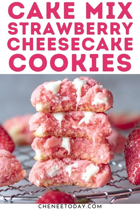 These cake mix cookies are so easy and delicious! Made with cream cheese for a soft, strawberry cheesecake flavor and lots of white chocolate chips! Perfect for spring or Valentine's Day! #cakemixcookies #valentinesday #strawberryseason #strawberrycookies #strawberrycheesecakecookies #creamcheesecookies Strawberry Cream Cheese Cookies, Strawberry Cheesecake Cookies, Cookies With White Chocolate Chips, Strawberry Cake Mix Cookies, Cookies With White Chocolate, Cake Mix Cookie, Strawberry Cake Mix, Strawberry Dessert Recipes, Cake Mix Cookie Recipes