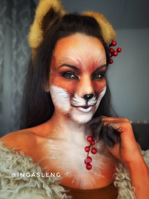 Fox Animal Makeup, Animal Stage Makeup, Diy Fox Costume Women, Fox Face Makeup, Animal Costumes Women Diy, Fox Costume Women's, Fox Makeup Look, Fox Costume Makeup, Fox Halloween Makeup