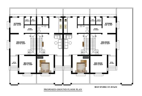 15'X45' Row House Ground Plan AutoCAD Drawing Download DWG File - Cadbull Row House Architecture, Small Row House, Row House Plan, Small Row House Design, Apartments Plan, Housing Plan, Terrace Apartment, Row House Design, Ground Plan