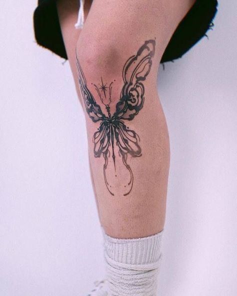 Stars Around Knee Tattoo, We Happy Few Tattoo, Pretty Knee Tattoos, Star On Knee Tattoo, Moth On Knee Tattoo, Abstract Knee Tattoo, Star Tattoo Knee, Cute Elbow Tattoos, Bug Knee Tattoo