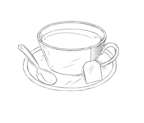 Cup Of Tea Drawing, One Line Art Simple, Bowl Drawing, Tea Drawing, June Journal, Tea Cup Drawing, Food Sketches, Teacup Tattoo, Improvement Journal