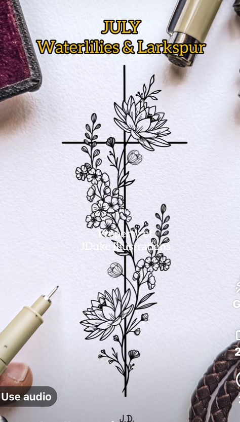 Cross Rib Tattoos, Larkspur Flower Tattoos, Lilly Flower Tattoo, Larkspur Tattoo, Water Lily Tattoos, Lily Tattoo Design, Flower Spine Tattoos, Lily Flower Tattoos, Flower Wrist Tattoos