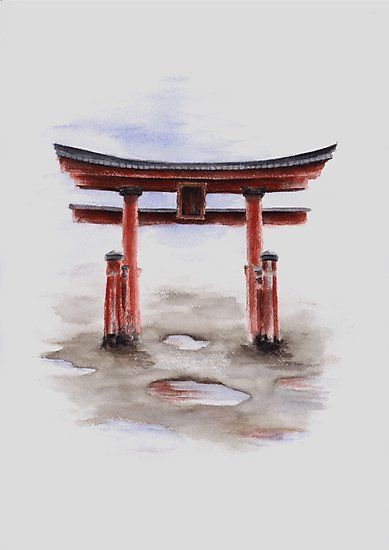 Torii gate watercolor art print painting, japanese symbol for sale. / Original ink painting by Mariusz Szmerdt. / Japanese ideas home decor. / More torii gate paintings available on my blog: http://sumi-e.pl • Millions of unique designs by independent artists. Find your thing. Japanese Architecture Drawings, Japanese Gate, Arte Zombie, Miyazaki Art, Japan Temple, Zen Painting, Japan Landscape, Japanese Watercolor, Torii Gate