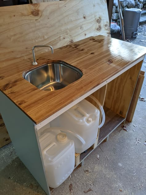 Kitchen and Cab Update – Heading Roam No Plumbing Sink, Off Grid Bathroom Sink, Camper Van Sink Ideas, Diy Camp Sink, Camper Sink Ideas, Off Grid Sink Ideas, Off Grid Kitchen Sink, Camping Sink Diy, Diy Sink Cabinet