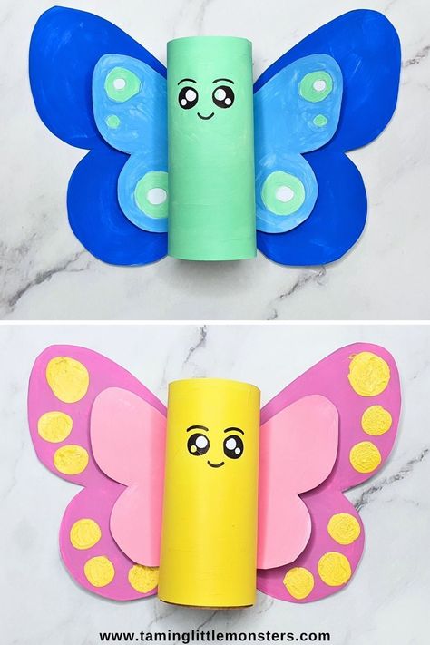 Free Butterfly Toilet Paper Roll Craft Template for Kids.    Grab yoru copy of this free printale template and make cute cardboard tube butterflies with your kids.    This easy craft project os perfect for Spring or if you're learning about the butterfly life cycle.    #spring #artsandcrafts #preschool #kindergarten Easy Paper Craft For Preschoolers, Construction Paper Butterflies, Easy Preschool Arts And Crafts, Paper Towel Roll Crafts For Kids, Butterfly Projects For Kids, Toilet Paper Roll Crafts For Kids, Quick And Easy Crafts For Kids, Butterfly Crafts For Kids, Butterfly Art And Craft