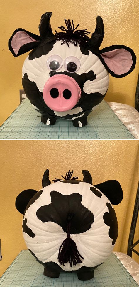 School project Cow Pumpkins Painting, Cow Pumkin Painting, Cow Painting Pumpkins, Cool Pumpkin Ideas Carving, Cow Painted Pumpkin Ideas, Pumpkin Cow Painting Ideas, Painted Spider Pumpkin, Small Pumpkin Decorating Ideas No Carve, Pumpkin Non Carving Ideas