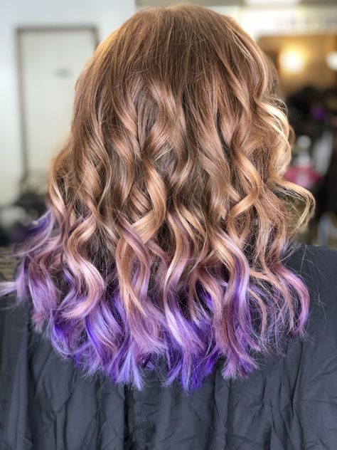 Tip Of Hair Dyed, Light Brown Hair With Vivid Color, Pop Of Purple Hair, Light Brown Hair With Colored Tips, Purple Tips Hair Brown, Kids Hair Color Ideas Girls Fun, Kids Dyed Hair, Peekaboo Hair Dye, Blonde Hair With Purple Tips