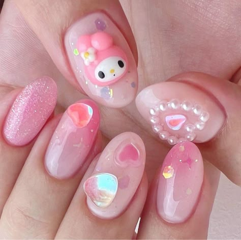 Short Sanrio Nails, Mymelody Nails, Kawaii Short Nails, My Melody Nail Art, Sanrio Party Ideas, Sanrio Nail Art, My Melody Nails, Japan Nail, Kawaii Nail Art