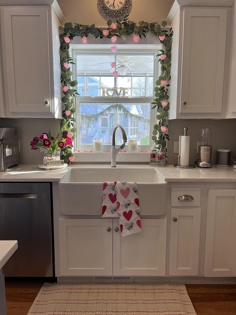 Kitchen Window Decor, Vday Decor, Above Kitchen Cabinets, Valentines Decor, Valentines Day Decor, Valentines Decorations, Valentine Decor, Seasonal Home Decor, Cabinet Decor