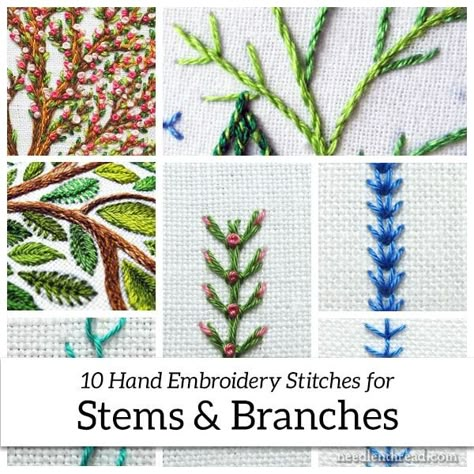 10 Hand Embroidery Stitches for Stems & Branches – NeedlenThread.com Embroidery Stitches For Beginners, Embroidery Trees, Outline Stitch, Embroidery Stitches Flowers, Embroidery By Hand, Embroidery Patterns Ideas, Crewel Embroidery Kits, Needlepoint Stitches, Embroidery Stitches Tutorial