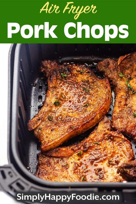 Air Fryer Pork Chops are a quick and easy way to cook up pork chops juicy and tender. This pork chop recipe has a tasty spice rub to five them lots of flavor while they are cooking. Air frying pork chops are a weeknight easy dinner recipe. simplyhappyfoodie.com Frying Pork Chops, Tender Baked Pork Chops, Fry Pork Chops, Pork Chops Juicy, Air Fry Pork Chops, Fried Pork Chop Recipes, Simply Happy Foodie, Air Fryer Pork, Tender Pork Chops