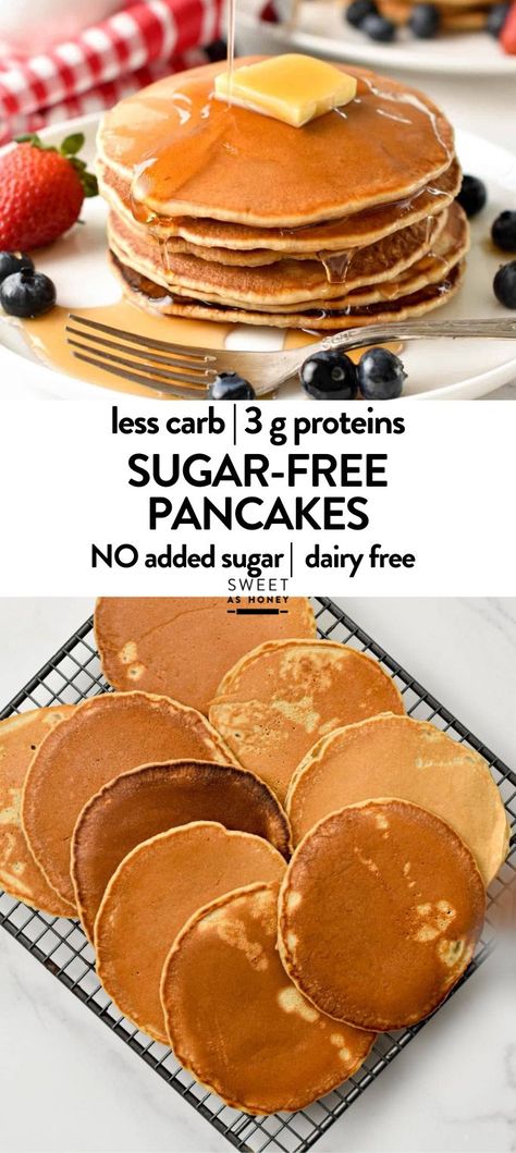 This Sugar-Free Pancake Recipe makes small and delicious pancakes with a subtle vanilla flavors for an sugar-free breakfast whipped up in 10 minutes. Pancake Recipe For Diabetics, Pancake Batter Recipe, Weekend Breakfast Recipes, Easy Weekend Breakfast, Low Calorie Pancakes, Sugar Free Pancake Syrup, Sugar Free Breakfast, Delicious Pancakes, Pancake Toppings