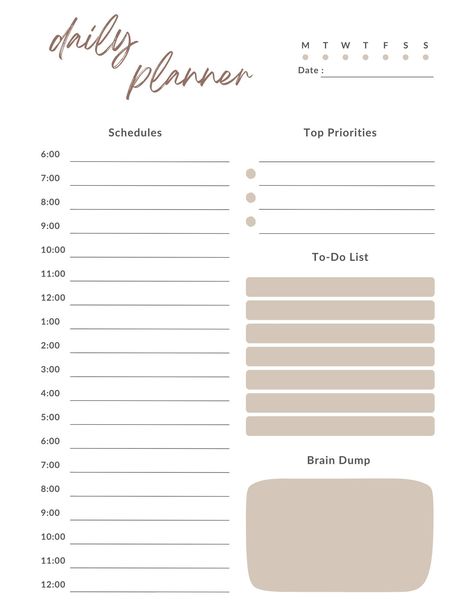 a daily planner with the words daily planner written in brown and green ink on it Free Weekly Planner Templates, Planner For Moms, Best Daily Planner, Cute Daily Planner, Daily Planner Sheets, Weekly Overview, Weekly Planner Free Printable, Daily Planner Printables Free, Free Daily Planner