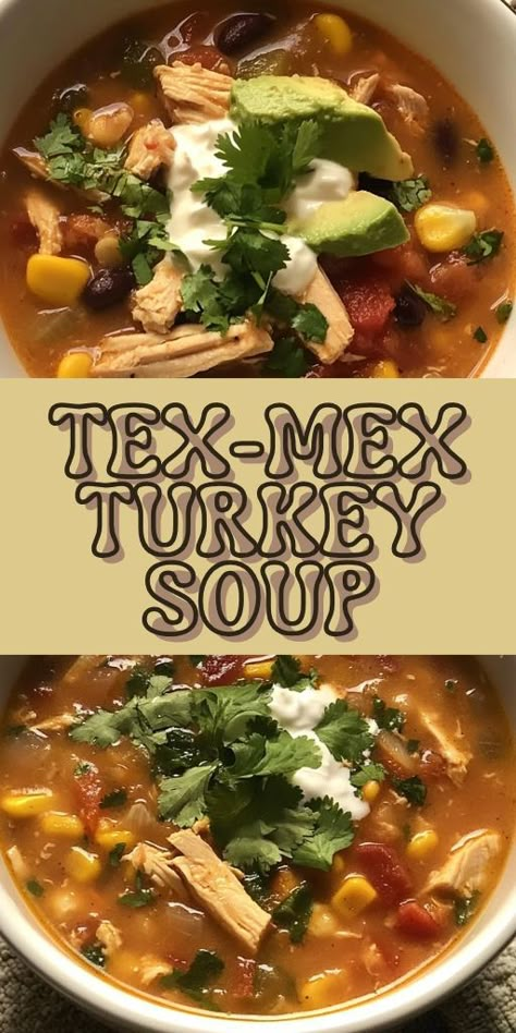 🌶️🍲 Warm up with a bowl of Tex-Mex Turkey Tortilla Soup, filled with bold flavors, tender turkey, and fresh veggies. Topped with crunchy tortilla strips and avocado, this recipe is perfect for a quick weeknight meal. With just the right kick of spice, it’s a healthy and satisfying dinner option. Click to see how to make this cozy Tex-Mex soup tonight 💥 #TexMexTurkeySoup #EasySoupRecipe #HealthyDinner #ComfortFood #TortillaSoup 🍅🥑 Cozy Winter Food, Tex Mex Soup, Turkey Tortilla Soup, Tortilla Soup Easy, Ground Turkey Soup, Tortilla Strips, Tortilla Soup Recipe, Fall Soup Recipes, Turkey Soup