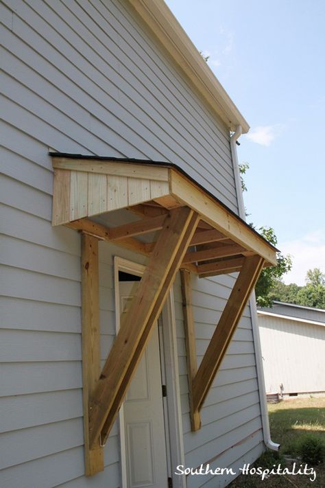 This little roof will provide weather protection and add style to this exterior door. (by Rhoda at Southern Hospitality) Outside Door Covering Ideas, Door Overhang, House Awnings, Door Awning, Canopy Bedroom, Porch Roof, Door Canopy, Door Awnings, Roofing Diy