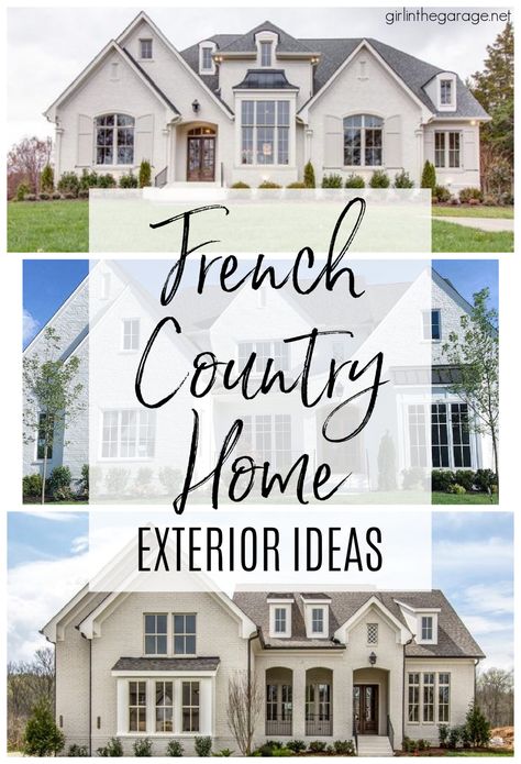 French Country House Exterior Ideas - Girl in the Garage French Country Windows Exterior, Porch And Co, French Style Home Exterior Country Houses Provence France, White Brick French Country Exterior, All Siding House Exterior, Exterior Options For House, French Farmhouse Style Exterior, French Farmhouse Exterior Country Houses, French Country Curb Appeal