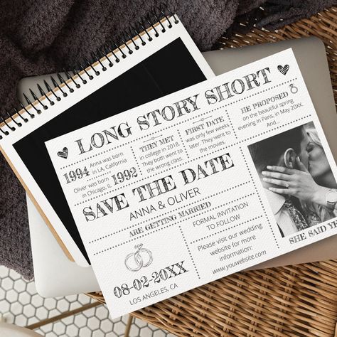 Newspaper Ideas, Unique Save The Dates, 2025 Wedding, Date Photo, Date Invitation, Wedding Announcement, Save The Date Photos, Long Story Short, Engagement Announcement