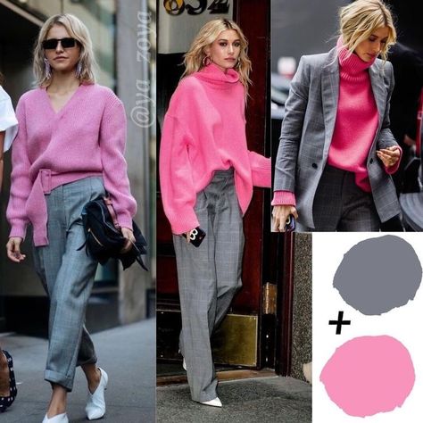 Pink Opposite Color, Opposite Color Outfit, Light Grey Color Combination Outfit, Light Grey Pants Outfit Work, Colourful Trousers, Pink Grey Outfit, Colour Combinations Fashion, Look Rose, Color Combinations For Clothes