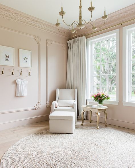 Champagne Paint Color Bedrooms, Champagne Pink Wall Color, Pink Cream Tan Bedroom, Light Blush Wall Color, Boutique Paint Color Ideas, Pink Walls And Trim, Light Pink Office Walls, Pink Crown Molding Wall, Neutral Pink Nursery Paint