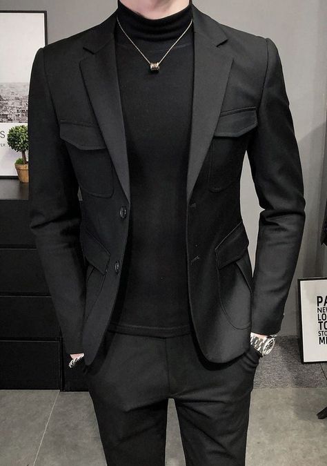 Elegant Classy Aesthetic Outfit Men, Male Professor Outfit, Male Casual Outfits Classy, Fashion Suits For Men Classy, Male Suit Design, Terno All Black, Mens Black Suit Outfit Wedding, Aesthetic Guy Outfits Classy, Ceo Outfit Men