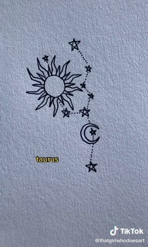 from: @thatgirlwhodoesart on tiktok Taurus Sun Tattoo, Tattoo Ideas Astrology Taurus, Tattoo Sun And Moon, Taurus Tattoo Ideas, Taurus Symbol Tattoo, Tattoo Taurus, Taurus Symbol, Taurus Constellation Tattoo, Cool Tattoos For Girls