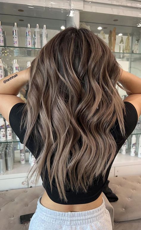 Brown Grown Out Roots, Mushroom Brown Balayage Hair Color, Ashy Dimensional Brunette, Brown Hair Ash Highlights, Light Ash Brown Hair Balayage, Mushroom Brown Hair With Highlights, Mushroom Brown Hair Color Balayage, Mushroom Balayage Brunette, Root Melt Brunette To Blonde