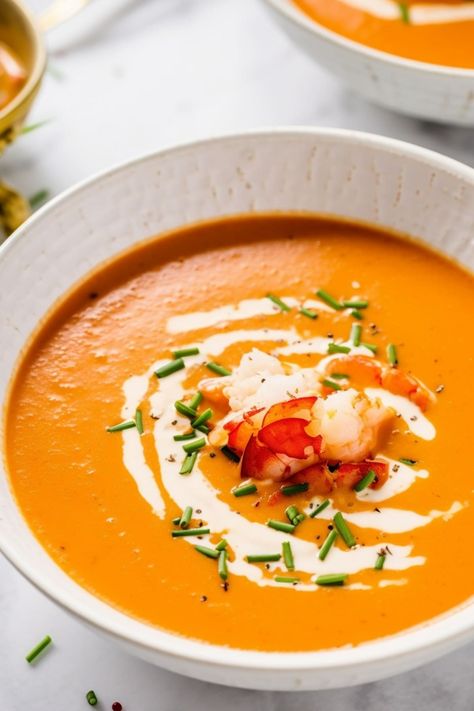 Lobster Bisque Recipe - Insanely Good Fancy Dinner For Two, Lobster Soup, Lobster Bisque Recipe, Frozen Lobster, French Soup, New Year Recipes, Bisque Recipe, Fresh Lobster, Delicious Seafood Recipes