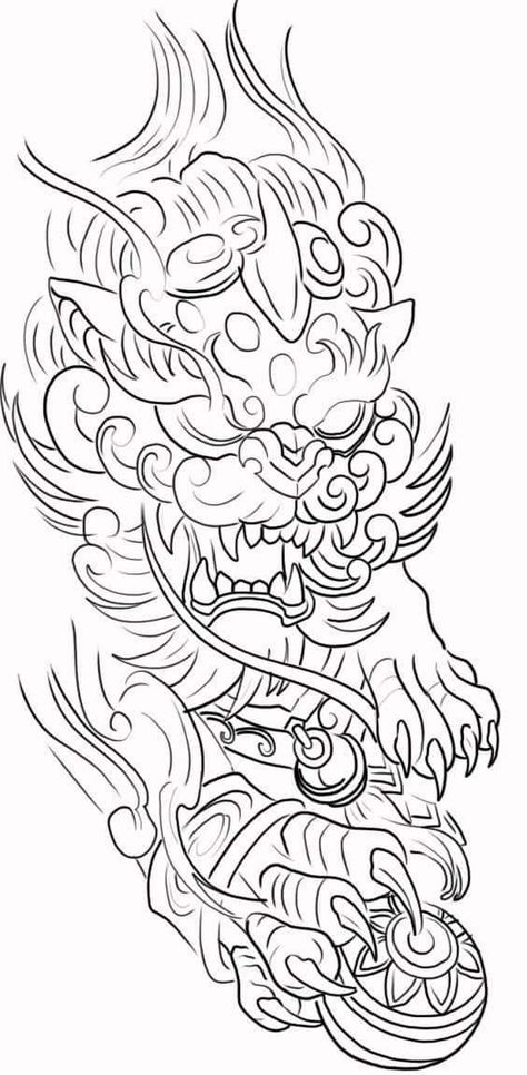 Fu Dog Drawing, Dragon Koi Tattoo Design, Japanese Forearm Tattoo, Japanese Foo Dog, Foo Dog Tattoo Design, Biomechanical Tattoo Design, Chest Tattoo Drawings, Draw Tattoo, Foo Dog Tattoo