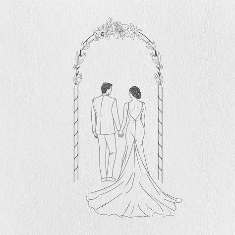 Christian Wedding Drawing, Drawing Bride And Groom, Bride And Groom Line Art, Wedding Drawing Ideas, Wedding Drawing Easy, Wedding Sketch Couple, Bride And Groom Doodle, Wedding Drawing Couple, Bride And Groom Sketch