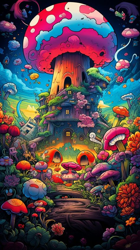 Phone Wallpaper Art Trippy Cartoon Wallpaper, Mushroom Tripping Art Wallpaper, Trippy Landscape Wallpaper, Iphone Wallpaper Trippy Aesthetic, Mushroom Wallpaper Trippy, Magic Mashrum Wallpaper, Magic Mushroom Wallpaper, Physcadelic Wallpaper, Trippy Flowers Drawing