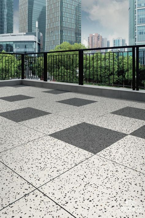 Rooftop pavers Inspiration - terrazzo look porcelain tiles. Collection by Kronos USA: Terrazzo WhiteBlack/Charcoal #kronosusa #kronosusapavers #madeinusa #porcelaintiles #porcelainstoneware #porcelainpavers #outdoortiles #outdoordesign #outdoorflooring #rooftoppavers #terracetiles #terraceflooring #rooftopfloor #roofdeck #roofpavers #raisedfloor #terrazzotiles #terrazzopavers #roofdecktiles #terrazzofloor #terrazzodesign #archilovers #landscaper #landscapedesign #architect Terrazzo Flooring Outdoor, Terrace Tiles Outdoor, Roofdeck Ideas, Rooftop Tiles, Terrazzo Floor Design, Parking Tiles Design, Terrace Flooring, Pola Lantai, Room Tiles Design