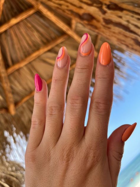 Retro Nails Simple, Vacation Simple Nails, Nail Color For Beach Vacation Summer, Summer Pink And Orange Nails, Tropical Vacay Nails, Tequila Sunrise Nails, Orange Pink Nails Summer, Simple Tropical Nails, Nails Jamaica