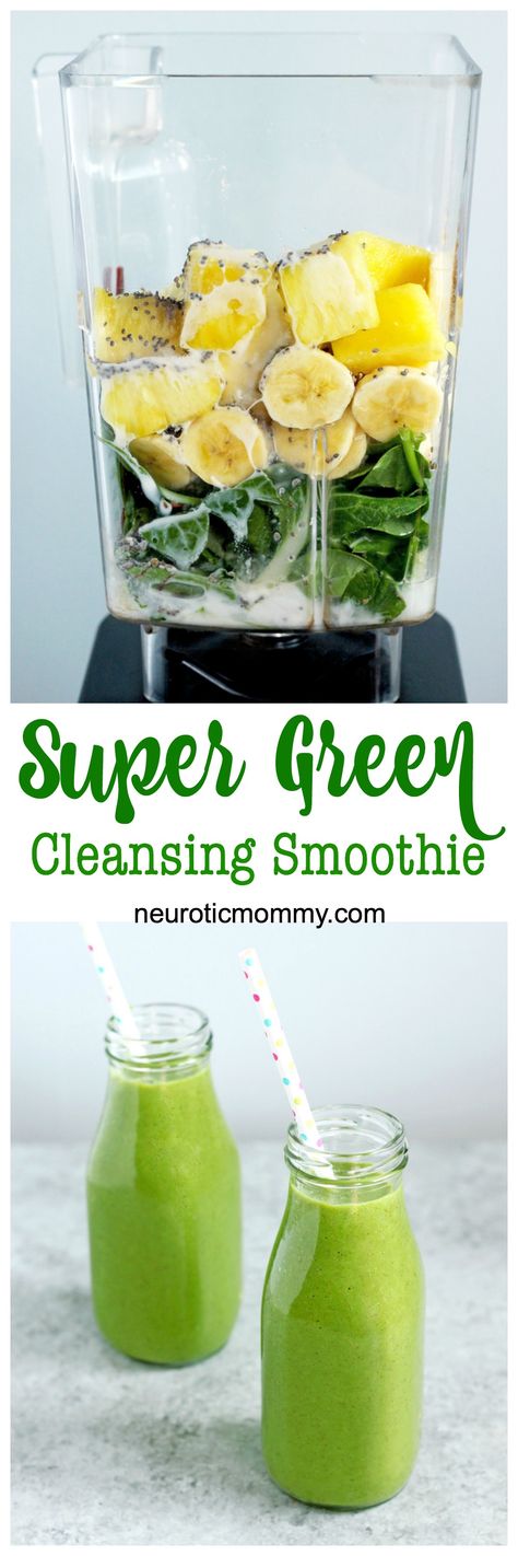 Super Green Cleansing Smoothie – NeuroticMommy Best Healthy Smoothie Recipe, Fresh Fruit Smoothies, Resep Smoothie, Healthy Smoothie Recipes, Smoothie Cleanse, Breakfast Smoothie Recipes, Smoothie Detox, Healthy Shakes, Makanan Diet