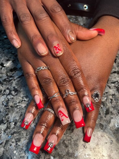 Nails With Your Mans Initials, Nails To Match Red Hair, Matching Nails With Stud Girlfriend, Matching Nails Couples Black, Red Natural Nails Design, Nails Dedicated To Boyfriend, I Love You Nails, Matching Couple Nail Sets, His And Her Matching Nails