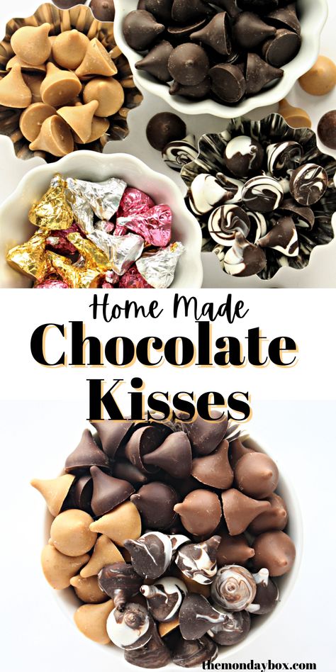 Chocolate Kisses made in different flavors and colors in bowls. Chocolate Kisses Recipes, Homemade Box Of Chocolates, Homemade Chocolates In Molds, Chocolate Molds Ideas, Candy Molds Recipes, Marshmallow Flavors, Super Healthy Food, Homemade Chocolate Candy, Candy Homemade