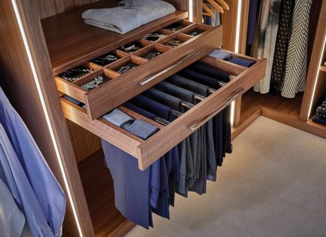 Trouser Rack In Wardrobe, Trouser Wardrobe Storage, Dressing Storage Design, Wardrobe Pull Out Drawers, Accessory Drawer In Wardrobe, Wardrobe Internal Accessories, Accessories Drawer In Wardrobe, Pull Out Trouser Rack, Wardrobe Jewellery Organiser