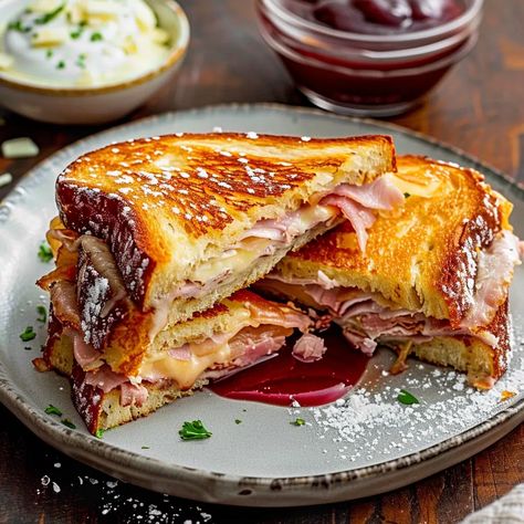 Monte Cristo Sandwich Recipe - sandyrecipes.com Monte Carlo Sandwich, Croissant Monte Cristo, Monte Cristo Sandwich Recipe, Monte Christo, Monte Cristo Sandwich, Turkey Cheese, Monte Cristo, Sandwich Recipe, Raspberry Jam