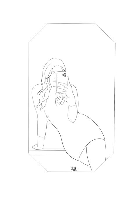 Mirror selfie Mirror Selfie Drawing, Selfie Drawing, Drawing Myself, Window Drawing, Pictures To Draw, Glamping, Line Drawing, Line Art, Art Ideas