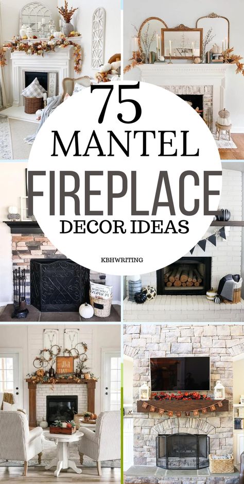 Simple Mantel Decorating Ideas Modern, Wall Above Mantle Ideas, Layered Fireplace Mantel, Kitchen Fireplace Ideas Farmhouse Style, Decor Over Fireplace Mantels, Above Mantle Ideas, Mantel Greenery Decorating Ideas, Mantels And Fireplaces, Small Mantel Decor