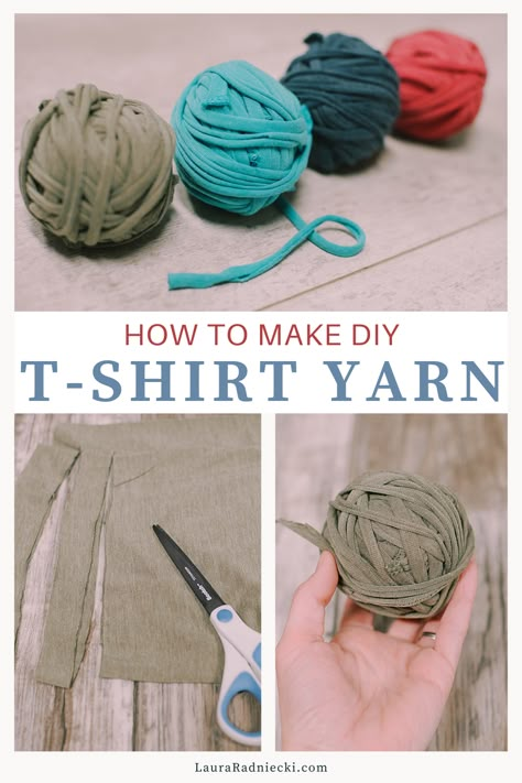 Learn how to make t-shirt yarn using this easy tutorial that shows you how to make yarn out of old t-shirts - it's the ultimate upcycle! Gamle T Shirts, Tshirt Yarn, Extra Yarn, Crochet T Shirts, Recycled T Shirts, Rag Rugs, Tshirt Crafts, Yarn Diy, Weaving Projects